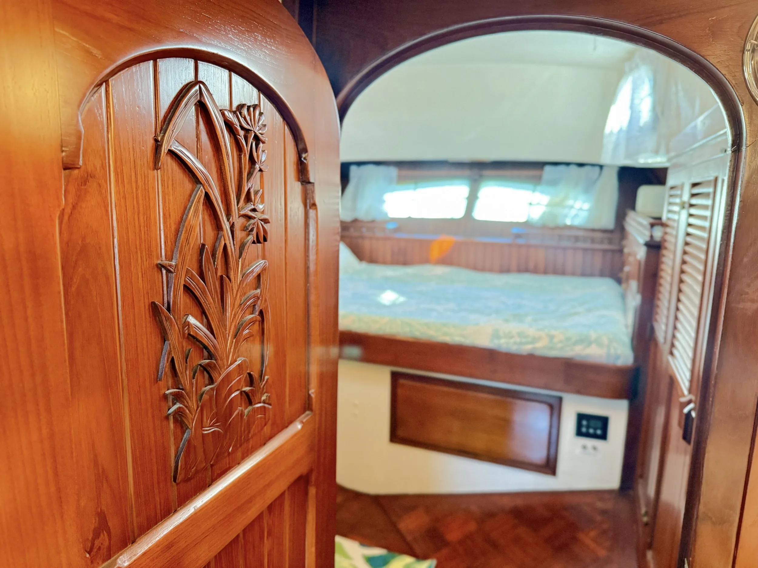 Hand-carved teak cabin door