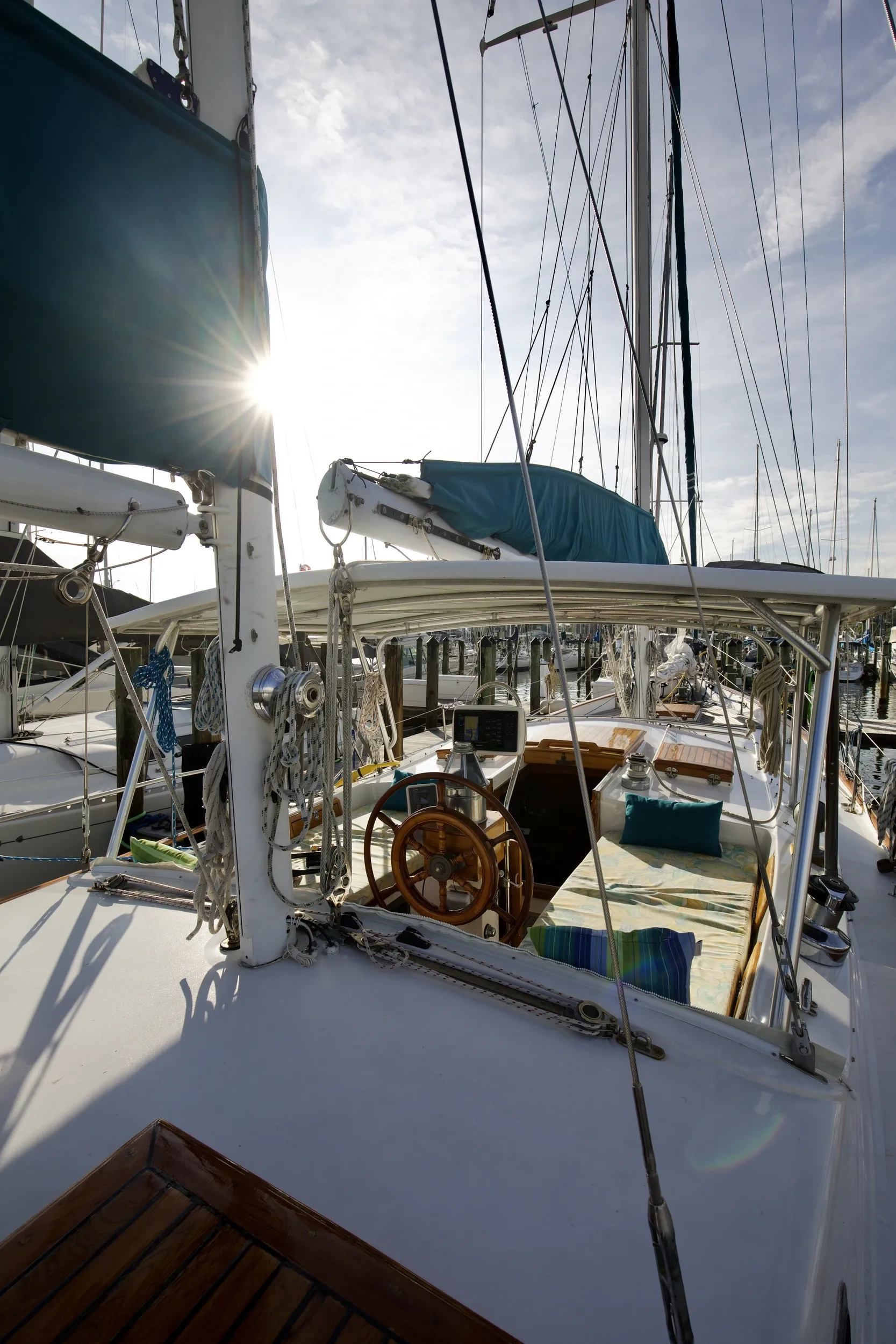 Cockpit with wooden helm wheel