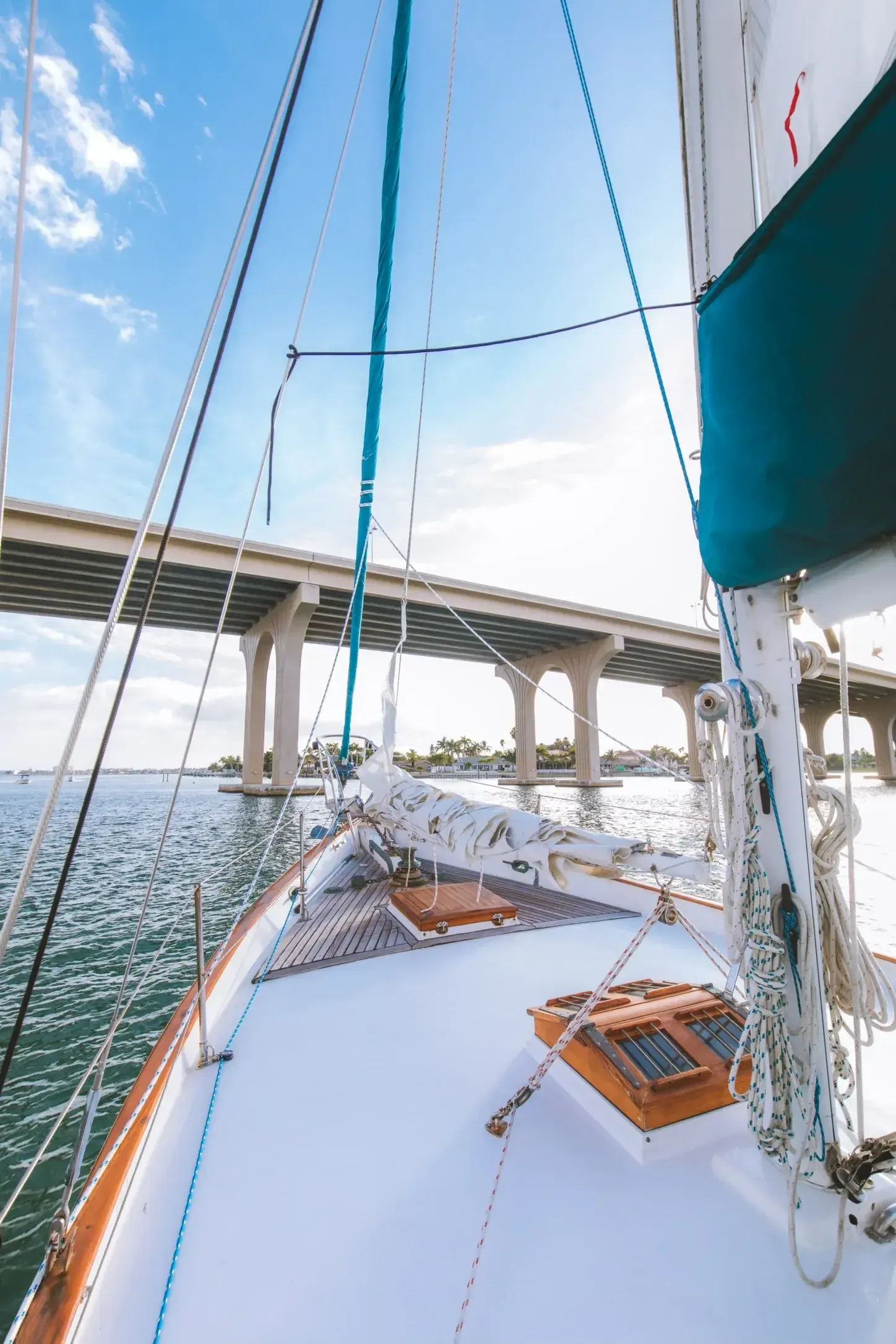 Foredeck passing under bridge